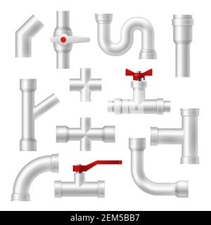 Rohre und Rohre Sanitär Fittings realistisch 3D Vektor-Set. Isolierte Metall- oder Kunststoffleitung mit roten Armaturen und Zapfhähnen. Edelstahl metallic pi Stock Vektor