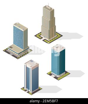 Isometrische Wolkenkratzer Gebäude 3D Vektor-Symbole. Isolierte moderne Bürozentren in der Stadt. Urban hohe Gebäude Design von Wohnhäusern, multi s Stock Vektor