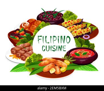 Philippinische Küche, asiatische Küche Restaurant Gerichte runden Rahmen Klumpen mit Fleisch, Auberginen Thalong, Bicolar Express. Filipino Kidney Bohnen, Lumpia, Muscheln i Stock Vektor