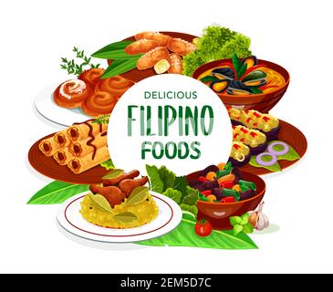 Philippinische asiatische Küche, Gerichte Food Frame. Klumpen mit Fleisch, Auberginen-Thalong, Bicolar-Express, Filipino Lumpia und Muscheln in Kokosnuss-Sauce, Adobo mit Stock Vektor