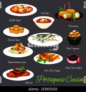 Portugiesisches Food Vector Design von gegrillten Sardinen, Fischsuppe und Kroketten, gefüllte Tintenfisch, Rindfleisch Eintopf und Piri-Piri-Huhn, Pudding Tart, Reis mit c Stock Vektor