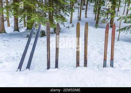 Alte Holzskier stecken im Schnee im Wald. Vintage Winter Sport Hintergrund. Stockfoto