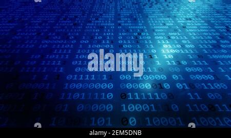 Abstrakter Tech-Binärcode-Hintergrund in Farbe blau, Matrix-Hintergrund mit der Zahl 1 und 0. Digitale binäre Daten und sicheres Datenkonzept in Perspektive. Stockfoto