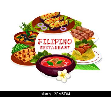 Philippinische Küche Restaurant Gerichte Vektor runden Rahmen. Klumpen mit Fleisch, Auberginen-Thalong, Bicolar-Express, Lumpia, Muscheln in Kokosnuss-Sauce, pochero so Stock Vektor