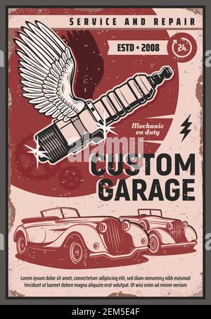 Oldtimer Vektor-Design von Auto-Reparatur-Service oder Mechaniker-Garage. Alte Fahrzeuge mit mechanischen Zahnrädern, geflügelte Zündkerze und Blitze, Retro-Auto Stock Vektor