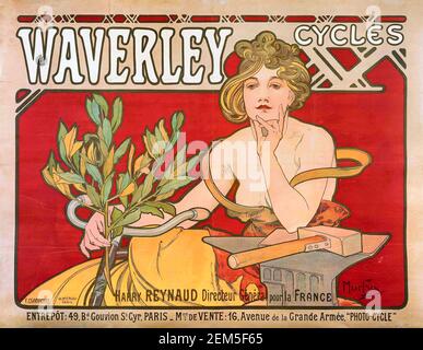 Alphonse Mucha, Werbeplakat für 'Waverley Cycles', 1898. Alfons Maria Mucha (1860 -1939) war ein tschechischer Jugendstilmaler, Illustrator und Grafiker, Stockfoto