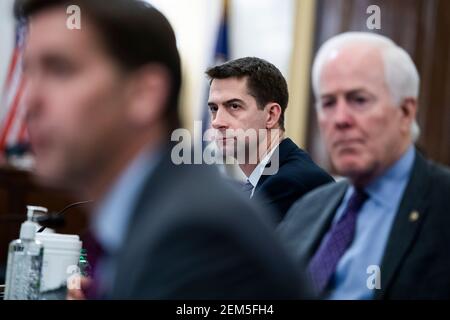 Washington, USA. Februar 2021, 24th. VEREINIGTE STAATEN - FEBRUAR 24: SENS. Tom Cotton, R-Ark., Center, John Cornyn, R-Texas, Rechts und Ben Sasse, R-Neb., nehmen am Mittwoch, den 24. Februar 2021, an der Bestätigungsverhandlung des Senate Select Intelligence Committee für William Burns, Nominee für den Direktor der Central Intelligence Agency, im Russell Senate Office Building auf dem Capitol Hill in Washington, DC Teil. (Foto von Tom Williams/Pool/Sipa USA) Quelle: SIPA USA/Alamy Live News Stockfoto