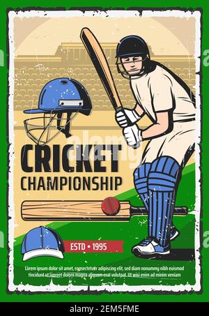 Cricket Spiel Sport Poster, Spieler mit Schläger auf Stadion. Spiel Sport Training vintage Vektor-Karte. Cricket-Profi-Klubmeisterschaft, Cricketer pla Stock Vektor