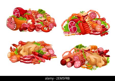 Fleisch, Würstchen und geräuchertes Vector Food. Metzgerei Würstchen, Rindersteak, Kotelett und Hühnerfleisch, Schweineschinken und Kalbsmedaillons, Salami und Cervelat Stock Vektor