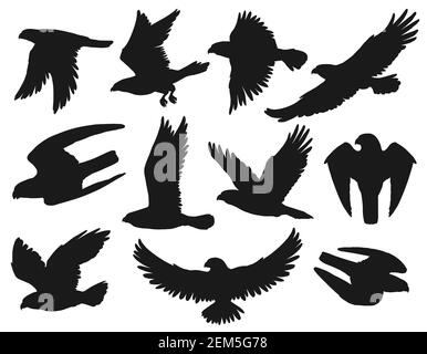 Adler und Falken schwarz Silhouetten gesetzt, Vektor wild fliegenden Vögel ausbreiten Flügel, swoop down, um Beute zu fangen, Jagd. Heraldische Adler mit angreifenden Kl Stock Vektor