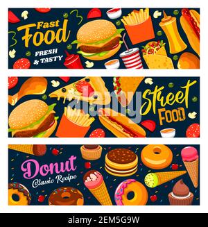 Fast Food und Street Food Mahlzeiten, Sandwiches und Burger, Snacks und Donuts. Vector Fastfood Bistro-Menü für Sandwiches, Pizza und Cheeseburger, Mexica Stock Vektor