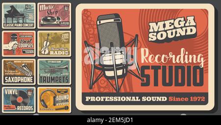 Musikkonzert und Musikinstrumente Shop vintage Retro Poster. Vector Sound Recording Studio, Jazz Band Festival und Volksmusik fest, DJ Sound equi Stock Vektor