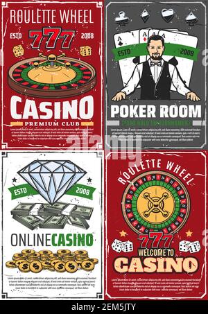 Casino Fortune Roulette und Croupier Retro-Poster. Vektor-Pokerraum, Glücksspiel vintage Grunge Karten, Online Royal Casino, Rad des Glückes und 777 Stock Vektor