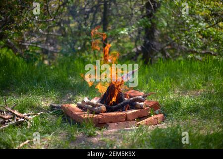 Hausgemachter Grill in der Natur, zum Kochen Grill und anderes Fleisch auf Feuer, Kohlen, in einer Lichtung unter Bäumen Stockfoto