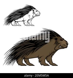 Stachelschwein oder Igel Vektor Maskottchen Tier. Wildes Waldsäugetier mit scharfen Stacheln oder Federkacheln, braunem Fell, roten Augen und zornigen Grinsen. Raubtier Nagetier Sport Stock Vektor