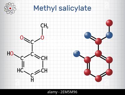 Methylsalicylat, wintergrünes Ölmolekül. Es ist Methylester von Salicylsäure, Aromastoff, Metabolit, Insektenattraktant. Blatt Papier in Stock Vektor