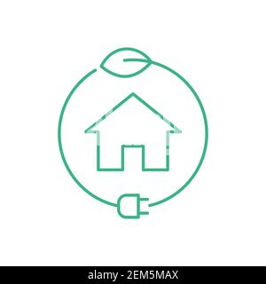 Eco House-Symbol. Grünes Haus in einem Kreis mit einem Blatt und einem Stecker. Umweltfreundliches Lifestyle-Zeichen. Emissionsfreies Smart Home. Nachhaltigkeit. Vektor Stock Vektor