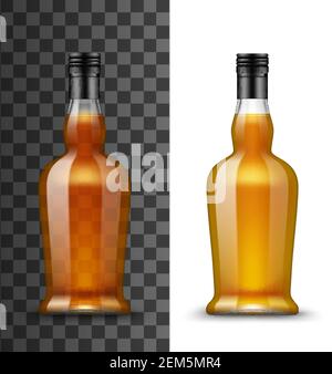 Alkohol trinken Glasflasche isoliert Vektor Mockup. Transparente blanke gebogene geschlossene Flasche mit brauner Flüssigkeit von Cognac, Whiskey oder Brandy, Gin, Rum und Stock Vektor