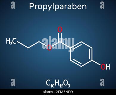 Propylparaben, Propylparaben-Molekül. Es ist Benzoat Ester, Paraben, antimikrobiell, antimykotisches Konservierungsmittel, E216. Strukturelle chemische Formel auf Th Stock Vektor