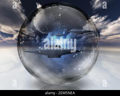 UFOs in klarer Sphäre. 3D Rendern Stockfoto