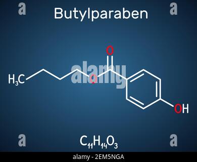 Butylparaben, Butyl-p-Hydroxybenzoat, Butyl-Paraben-Molekül. Es ist Paraben, antimikrobielles Konservierungsmittel in Kosmetika. Strukturelle chemische Formel ein Stock Vektor