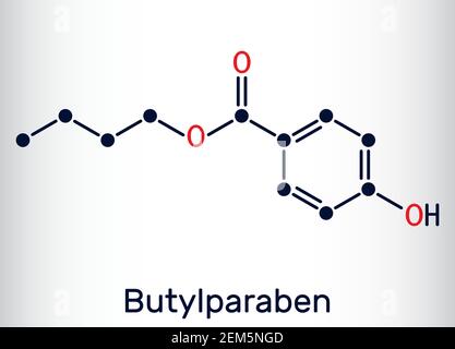 Butylparaben, Butyl-p-Hydroxybenzoat, Butyl-Paraben-Molekül. Es ist Paraben, antimikrobielles Konservierungsmittel in Kosmetika. Chemische Formel des Skeletts. Vect Stock Vektor