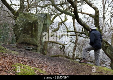 Historiker mit Blick auf den geschnitzten Stein des Duke of York Stanton Moor im Derbyshire Peak District Stockfoto