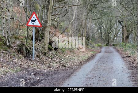 Hüten Sie sich vor dem Schild mit Wildtieren auf einem ländlichen Peak District Straße in Derbyshire Stockfoto