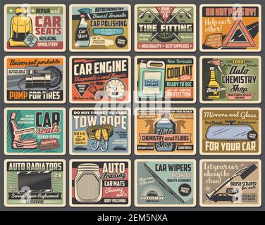 Auto-Ersatzteile, Wartung Vektor Retro-Plakate. Kfz-Reparaturschlüssel, Schraubenschlüssel, Rad- und Reifenmontierungspumpe, Automotor, Kühler und Scheibenwischer Stock Vektor