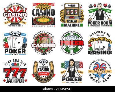 Casino Roulette, Poker und Spielautomaten Symbole Vektor-Design. Spielchips, Würfel und Spielkarten, Glücksrad, Jackpot 777 und Geldmünzen, Stock Vektor