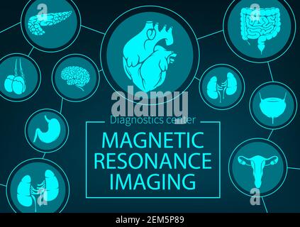 MRT von Organen und Gelenken Medizin. Vektor-Magnetresonanztomographie medizinische Diagnostik. Healthcare Klinik Röntgen-Radiologie, MRT-Analyse, Diagnostik Stock Vektor