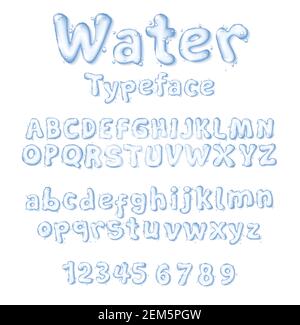 Wasserschrift oder Typ Flüssigvektor Drop Buchstaben und Ziffern. Isolierte Groß- und Kleinbuchstaben, Zahlen. Reine aquablue transparente Zeichen wit Stock Vektor