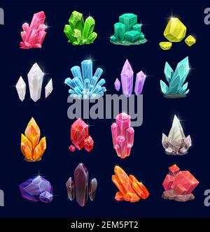 Kristallsteine, Vektor-Edelsteine und Juwelen-Ikonen. Isolierte Cartoon Mineralien, Kristalle und Edelsteine. Natürlicher Opal, Smaragd und Diamant, Rubin und Topas, Stock Vektor