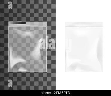 Kunststoff oder Zellophan Reißverschlussbeutel, realistisch isoliert 3D Vektor Mockup. Leere transparente Beutel mit Reißverschlüssen. Wasserdichte Einweg-Rohling-Plastikverpackung Stock Vektor