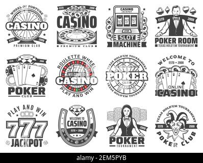 Casino Glücksspiel Spiele isoliert Vektor-Symbole gesetzt. Poker Club Jackpot von glücklichen sieben Kombinationen, Spielautomaten und Croupier, Roulette Rad spielen und wi Stock Vektor