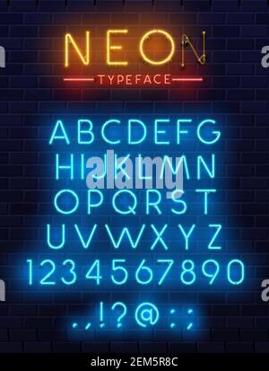 Neon-Schrift, leuchtende Vektor-Alphabet Buchstaben, Ziffern und Satzzeichen auf dunklem Backstein Wand Hintergrund. Blau und orange Neon leuchten abc Großbuchstaben c Stock Vektor