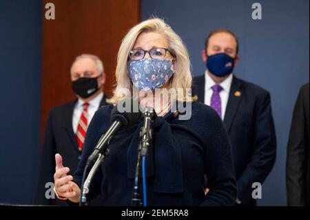 Washington, DC, USA. Februar 2021, 24th. 24. Februar 2021 - Washington, DC, Vereinigte Staaten: US-Repräsentantin LIZ CHENEY (R-WY) spricht auf einer Pressekonferenz der republikanischen Führung des Repräsentantenhauses. Quelle: Michael Brochstein/ZUMA Wire/Alamy Live News Stockfoto