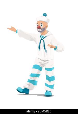 Zirkus Cartoon Clown Seemann Vektor chapiteau Performer. Karneval Show Joker oder Komiker Cartoon Clown Figur mit Matrosen Kostüm, weißen Hut und Stock Vektor