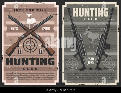 Waffenladen, Vektorgewehre und Gewehre mit Scharfschützenfernrohr, Munitionsladen. Vintage-Plakate mit Jagdausrüstung, Schießwaffen Verkauf. Ziele oder Ziele, d Stock Vektor