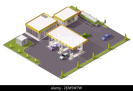 Gas-, Benzin- und Kraftstofftankstelle 3D isometrisches Design mit Vektorbenzinpumpen, Autos, Lagergebäuden und Tankwagen, Autoservice, Reparaturwerkstatt, Stock Vektor