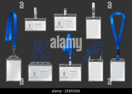 Plastikabzeichen auf Lanyards und Haltern realistisch, 3D Vektor-Set. Isolierte id-Pässe auf blauen Kabeln mit Metallklammern. Plastiktabzeichen zur Präsentation oder Stock Vektor