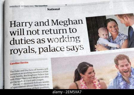 "Harry und Meghan werden nicht wieder als arbeitende Royals arbeiten, sagt Palace" Guardian Zeitung Überschrift Royals Artikel innerhalb Seite 20 Februar 2021 Großbritannien Stockfoto