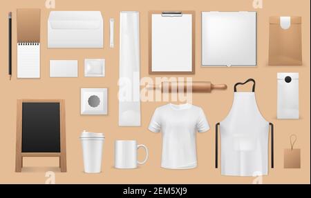 Bäckerei und Konditorei Corporate Identity realistische Vorlagen. Vector blank Mockups von Schürze, Brot und Croissant Papiertüten, Lebensmittelverpackungen, einheitliche t Stock Vektor