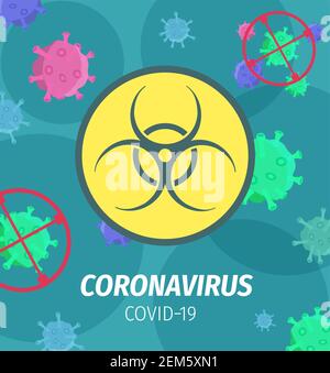 Coronavirus pandemische Biogefahrenvektor-Poster. Covid 19-Viruszellen fliegen zufällig mit Biohazard-Warnzeichen. Quarantäne, Corona Virus Ausbruchsgefahr Stock Vektor