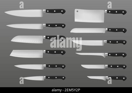 Küchenmesser Set, Fleisch Koch Schneiden Beil Kochen Besteck Arten, realistische Küchenutensilien. Cleaver, französisch, Ausbeinen und Filetieren, Schnitzen isoliert ve Stock Vektor