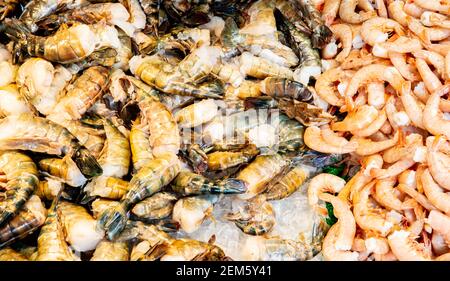 Garnelen und gekochte Garnelen oder Tigergarnelen zum Verkauf bei Fischmarkt Stockfoto