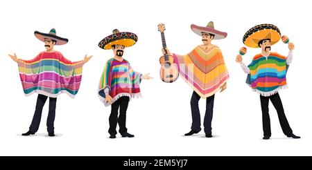 Mexikanische Musiker beim Cinco de Mayo Festival. Mariachi Musikband isoliert Cartoon-Vektor-Charaktere spielen Gitarre und Maracas. Mexikanische Männer in Sombrer Stock Vektor