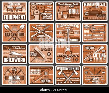 Bau-und DIY-Werkzeuge Retro-Vektor-Poster. Hardware, Tischlerei und Mauerwerk Instrumente Vintage-Karten. Holzwerkzeugladen, Haus Umbau, b Stock Vektor