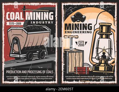 Kohle Bergbau Industrie Grunge Design mit Vektor-Mine Ausrüstung und Bergwerk Werkzeuge. Geologie Pick Axt, Öllampe und Maske, Trolley mit schwarzen Mineralien, dynam Stock Vektor