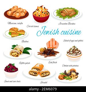 Jüdische Küche Gerichte Vektor-Menü. Israelisches Essen, Naher Osten Jüdisches koscheres Essen Jerusalem burekas, Strudel und Cholera mit Kartoffeln oder Karottensimes, Stock Vektor